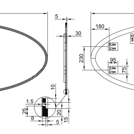 Maattekening Wiesbaden Oliva spiegel ovaal met LED dimbaar en spiegelverwarming 160 x 70 cm | Schwertz & Co