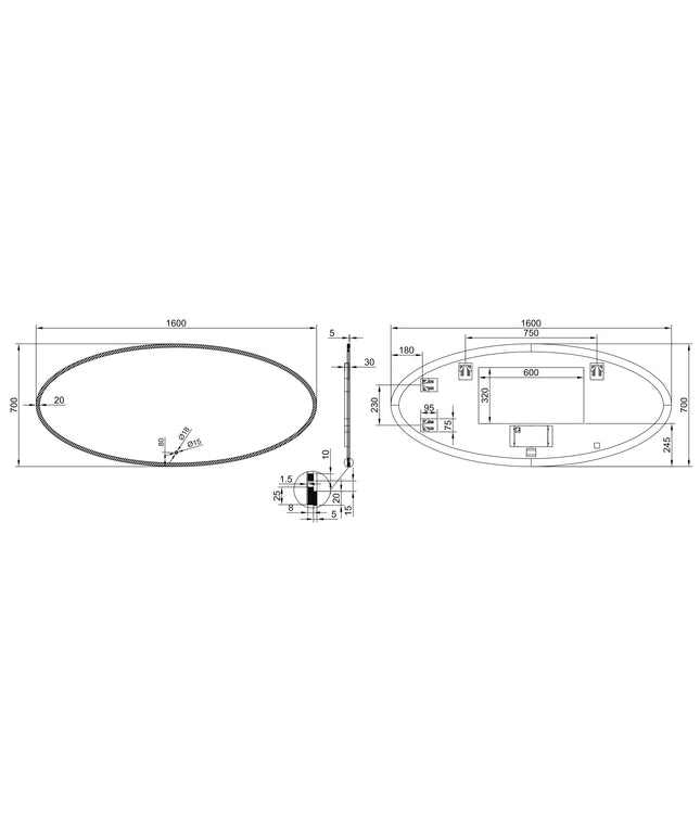 Maattekening Wiesbaden Oliva spiegel ovaal met LED dimbaar en spiegelverwarming 160 x 70 cm | Schwertz & Co