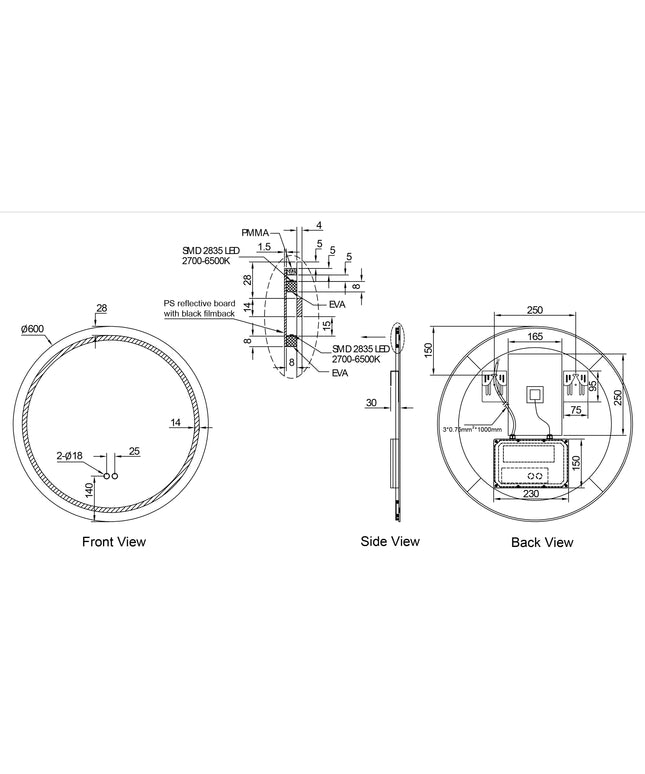Maattekening Wiesbaden Lumora spiegel rond met LED dimbaar en spiegelverwarming Ø 60 cm | Schwertz & Co