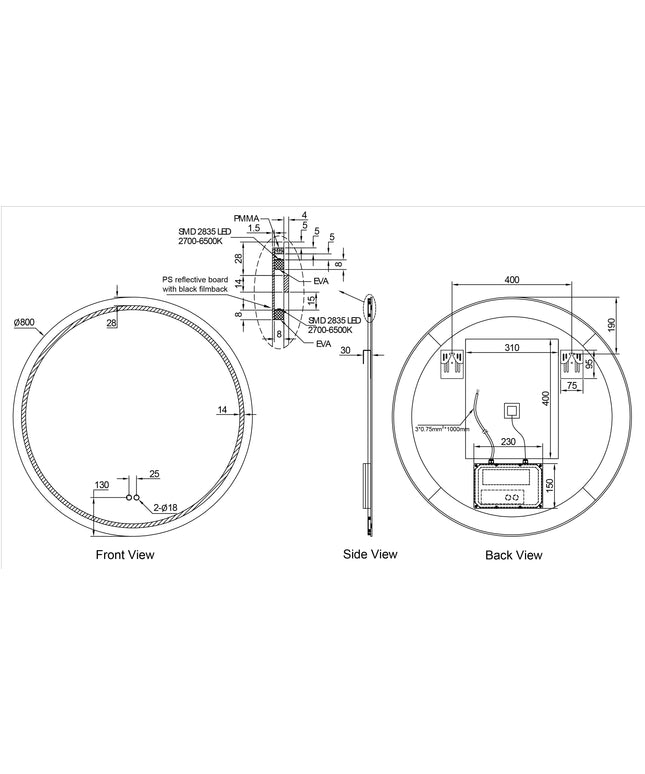 Maattekening Wiesbaden Lumora spiegel rond met LED dimbaar en spiegelverwarming Ø 80 cm | Schwertz & Co