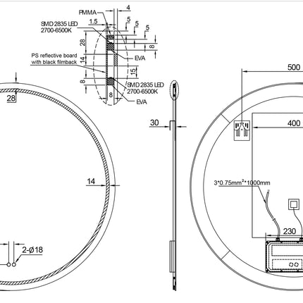 Maattekening Wiesbaden Lumora spiegel rond met LED dimbaar en spiegelverwarming Ø 100 cm | Schwertz & Co
