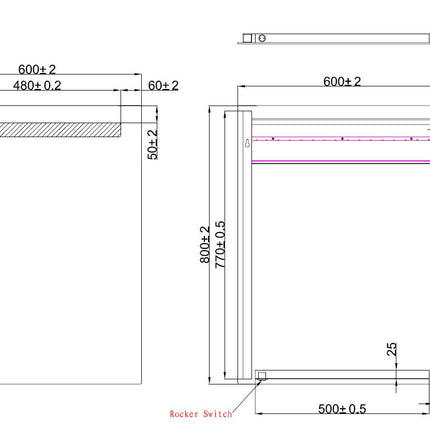 Wiesbaden Tigris spiegel met led 60 x 80 cm - technische tekening | Schwertz & Co