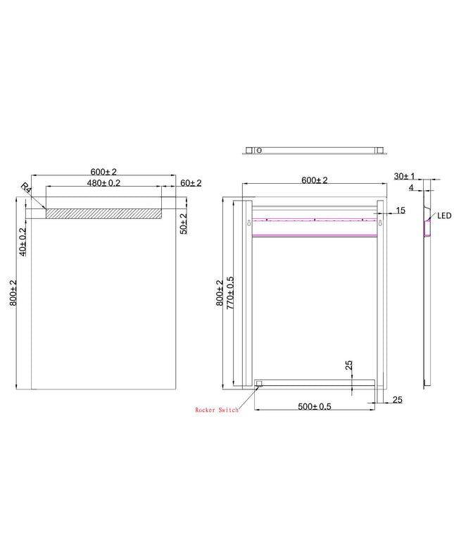 Wiesbaden Tigris spiegel met led 60 x 80 cm - technische tekening | Schwertz & Co