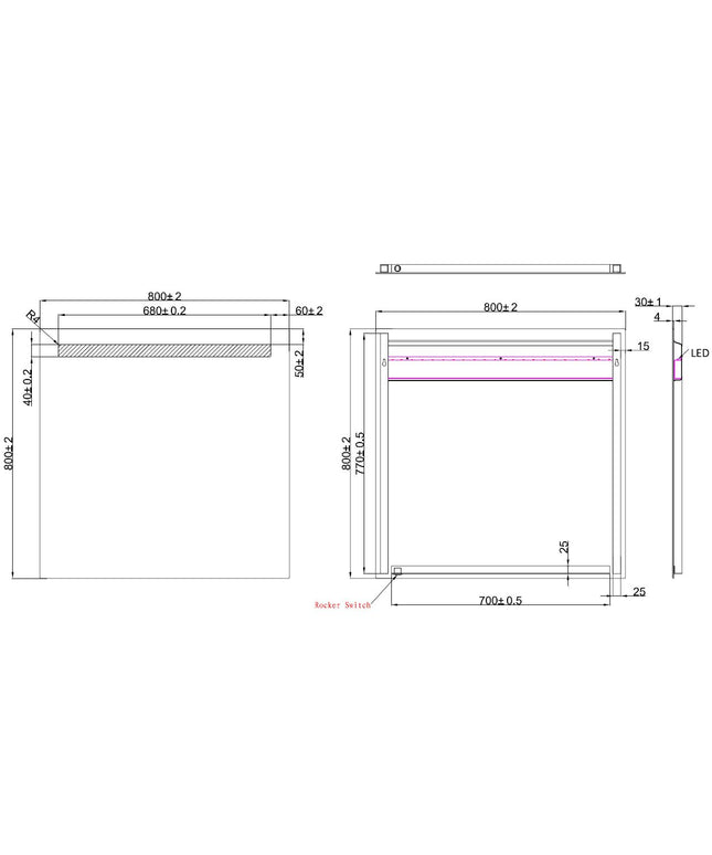 Wiesbaden Tigris spiegel vierkant met LED 80 x 80 cm - technische tekening | Schwertz & Co