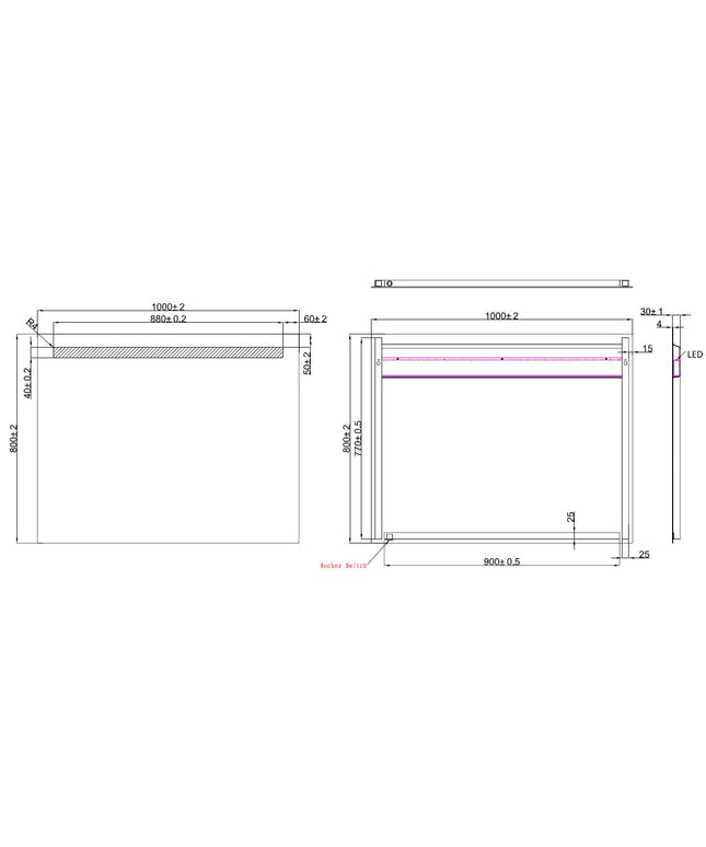 Wiesbaden Tigris badkamerspiegel met LED 100 x 80 cm - technische tekening | Schwertz & Co