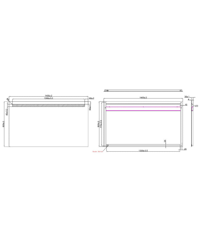Wiesbaden Tigris badkamerspiegel met LED 140 x 80 cm - technische tekening | Schwertz & Co