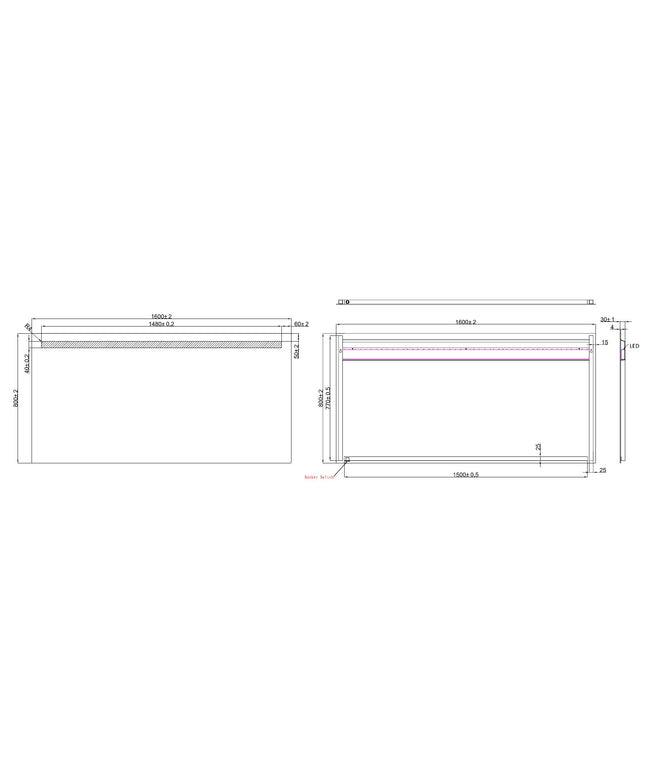 Wiesbaden Tigris spiegel met LED-verlichting 160 x 80 cm - technische tekening | Schwertz & Co