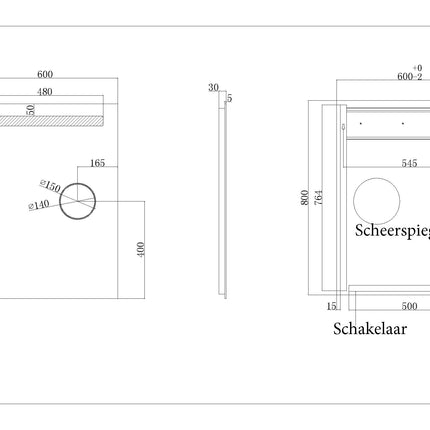Wiesbaden Tigris spiegel met LED en scheerspiegel - technische tekening | Schwertz & Co