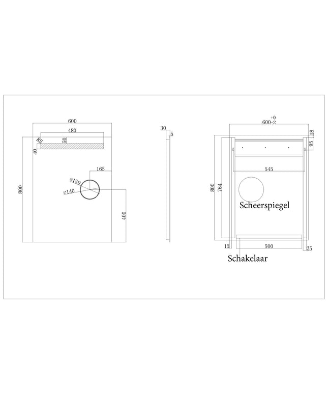 Wiesbaden Tigris spiegel met LED en scheerspiegel - technische tekening | Schwertz & Co
