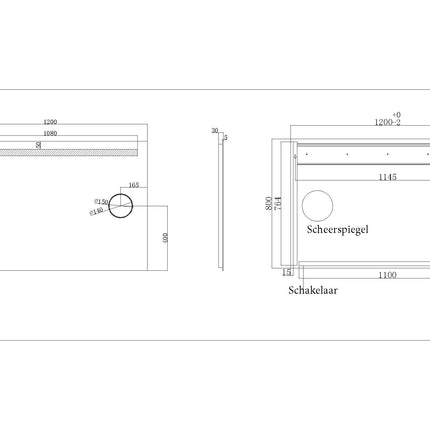 Wiesbaden Tigris LED spiegel 120 x 80 cm met scheerspiegel - technische tekening | Schwertz & Co