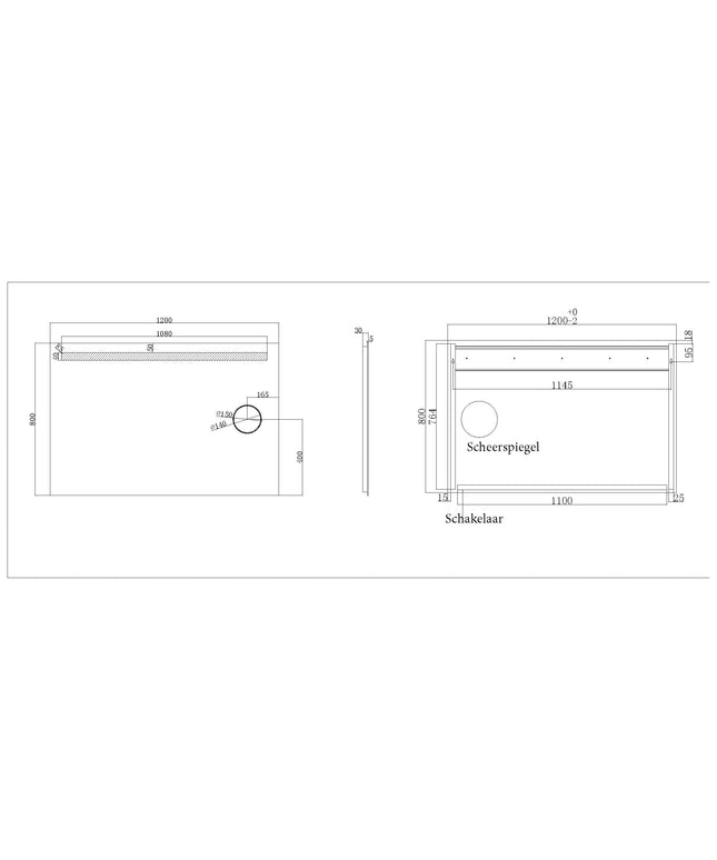 Wiesbaden Tigris LED spiegel 120 x 80 cm met scheerspiegel - technische tekening | Schwertz & Co