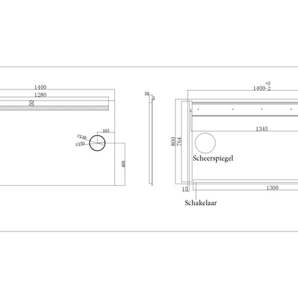 Wiesbaden Tigris spiegel met LED en scheerspiegel 140 x 80 cm - technische tekening | Schwertz & Co