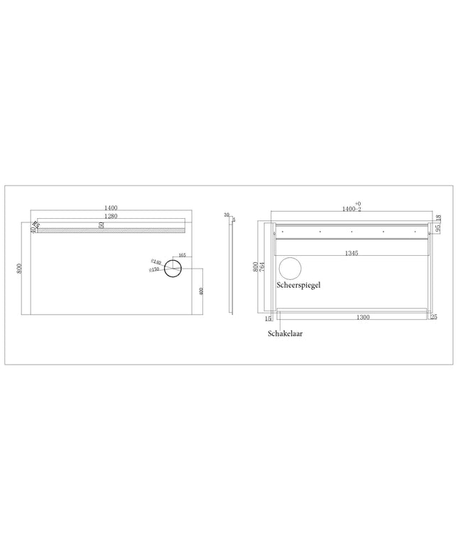 Wiesbaden Tigris spiegel met LED en scheerspiegel 140 x 80 cm - technische tekening | Schwertz & Co