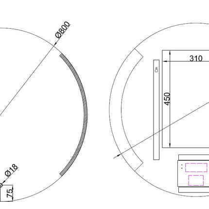 Wiesbaden Round LED badkamerspiegel rond 80 cm - technische tekening | Schwertz & Co