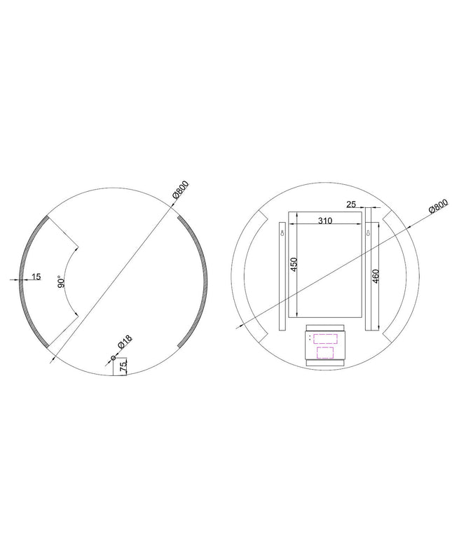 Wiesbaden Round LED badkamerspiegel rond 80 cm - technische tekening | Schwertz & Co