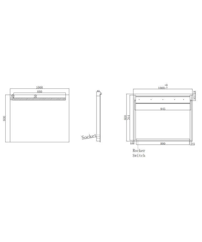 Wiesbaden Tigris badkamerspiegel met LED en stopcontact 100 x 80 cm - technische tekening | Schwertz & Co