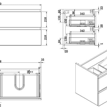 Wiesbaden Vision onderkast 120 x 46 cm glans wit - technische tekening | Schwertz & Co