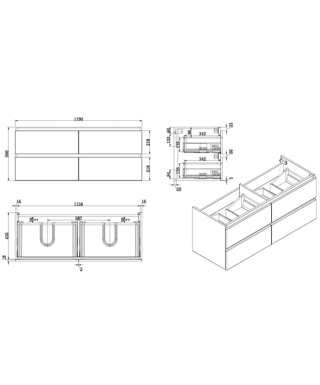 Wiesbaden Vision onderkast 120 x 46 cm glans wit - technische tekening | Schwertz & Co