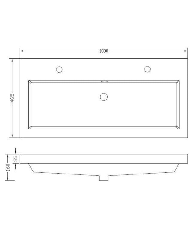 Wiesbaden Vision kunstmarmer wastafel 100 cm 2 kraangaten glans wit - technische tekening | Schwertz & Co