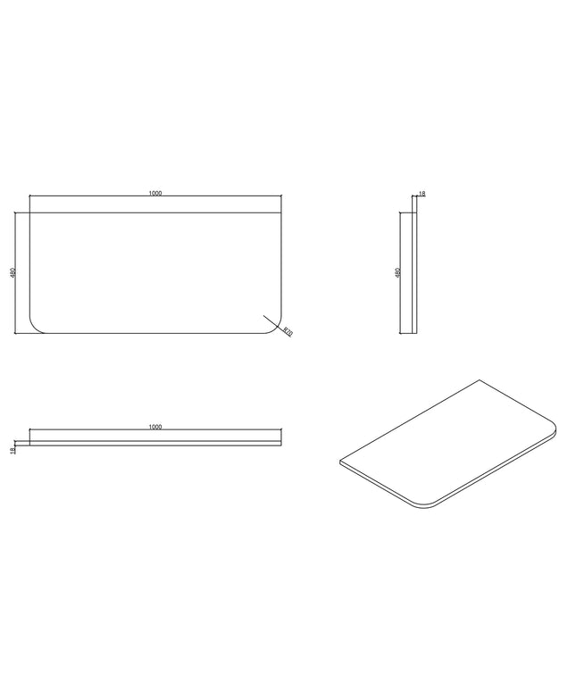 Wiesbaden Sulora topblad afgeronde hoeken 100 x 48 cm licht eiken - technische tekening | Schwertz & Co