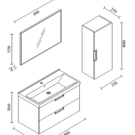 Xellanz badmeubelset 80 cm glans wit - technische tekening | Schwertz & Co