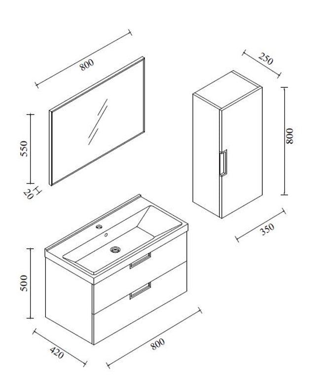 Xellanz badmeubelset 80 cm glans wit - technische tekening | Schwertz & Co