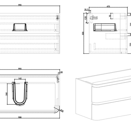Wiesbaden Novira onderkast 100 x 48 cm mat wit - technische tekening | Schwertz & Co