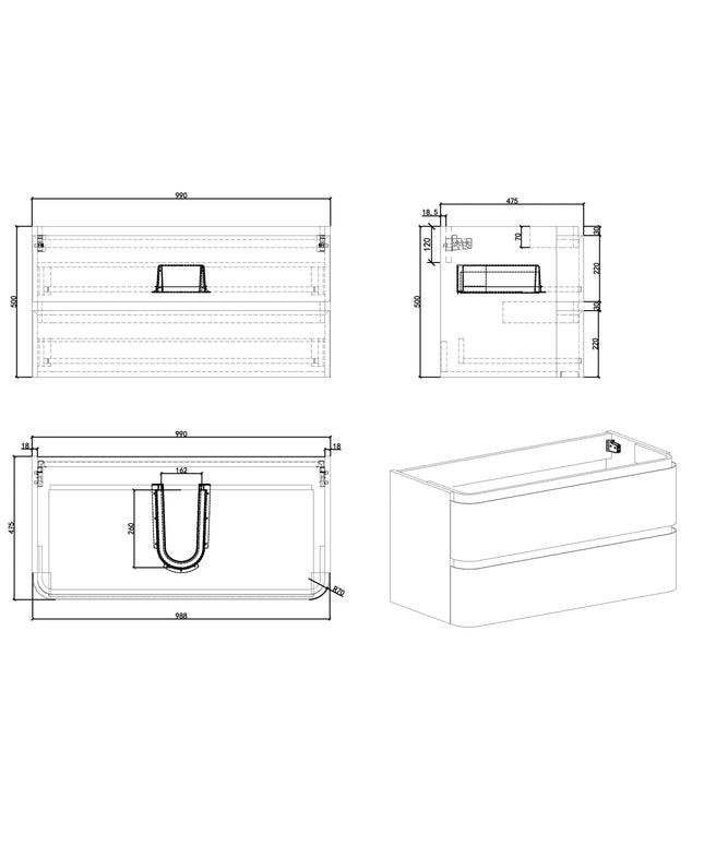 Wiesbaden Novira onderkast 100 x 48 cm mat wit - technische tekening | Schwertz & Co