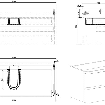 Wiesbaden Novira onderkast 120 x 48 cm mat wit - technische tekening | Schwertz & Co