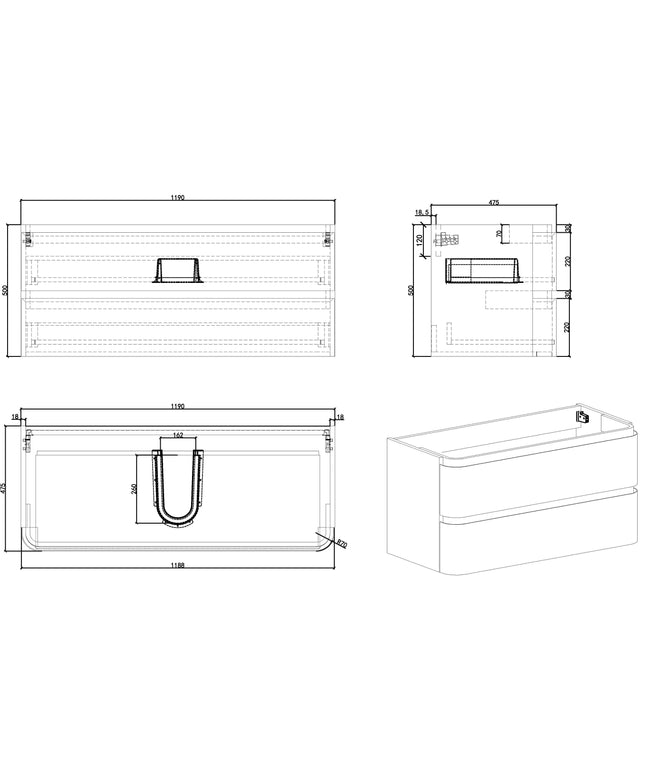 Wiesbaden Novira onderkast 120 x 48 cm mat wit - technische tekening | Schwertz & Co