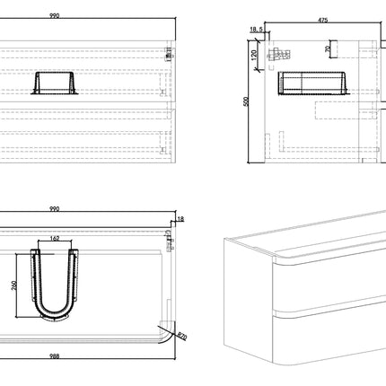 Wiesbaden Novira onderkast 100 x 48 cm mat zwart - technische tekening | Schwertz & Co