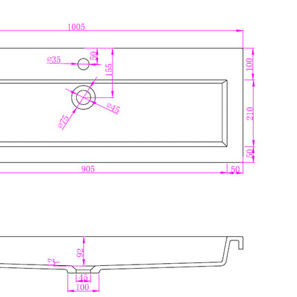 Wiesbaden Flag wastafel 100 cm zonder kraangat glans wit - technische tekening | Schwertz & Co