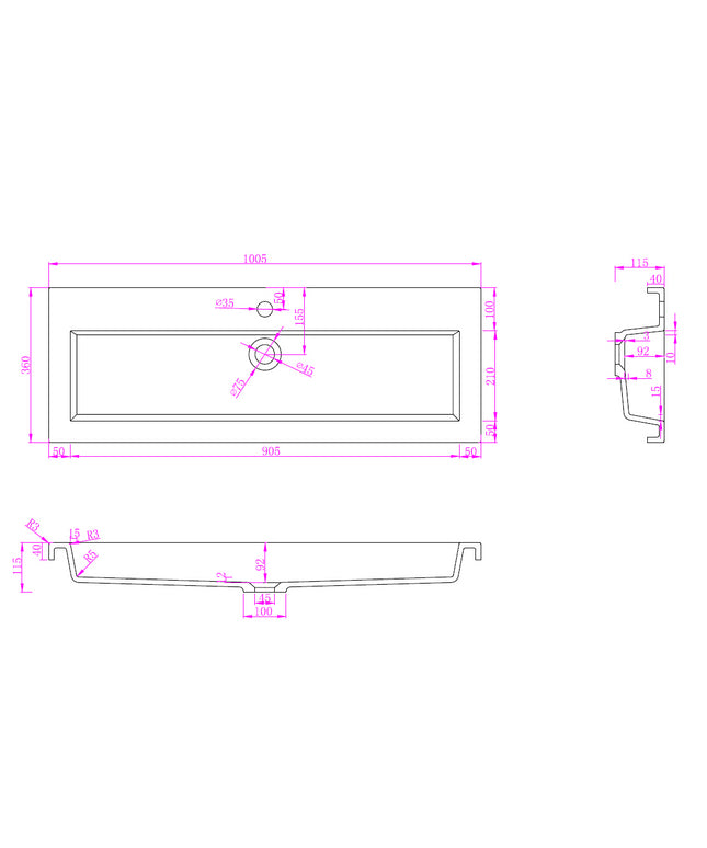 Wiesbaden Flag wastafel 100 cm zonder kraangat glans wit - technische tekening | Schwertz & Co