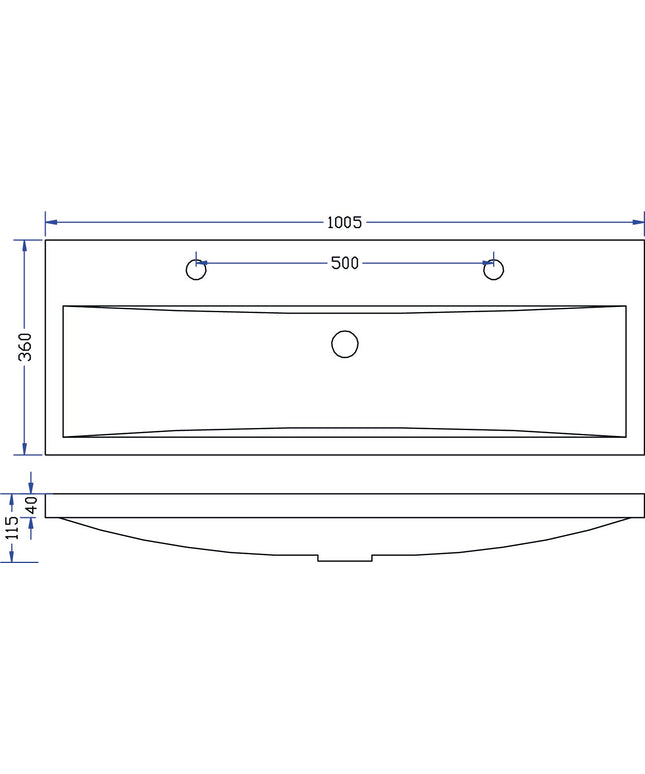 Wiesbaden Flag wastafel 100 cm met 2 kraangaten glans wit - technische tekening | Schwertz & Co