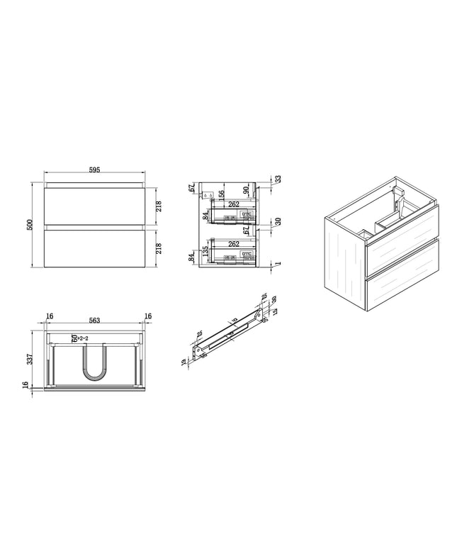 Wiesbaden Shall wastafelonderkast 60 x 36 cm houtnerf grijs - technische tekening | Schwertz & Co