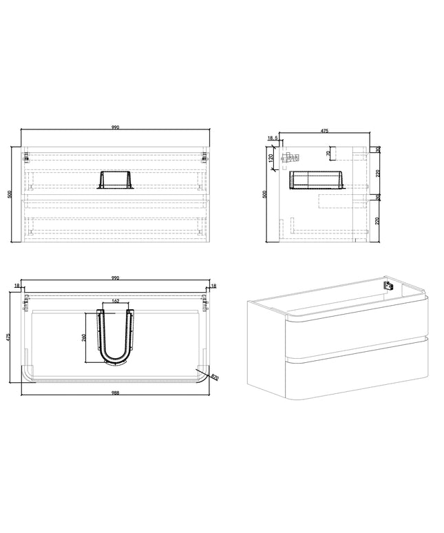 Wiesbaden Novira onderkast 100 x 48 cm mat zand - technische tekening | Schwertz & Co