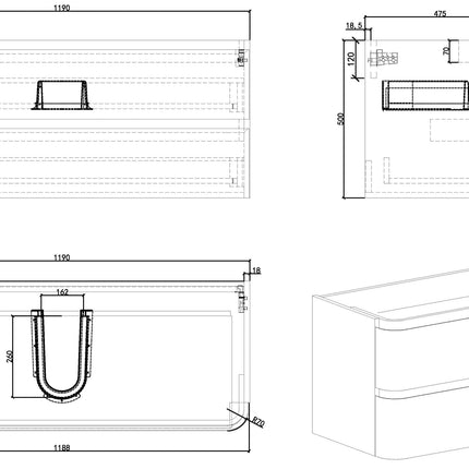 Wiesbaden Novira onderkast 120 x 48 cm mat zand - technische tekening | Schwertz & Co