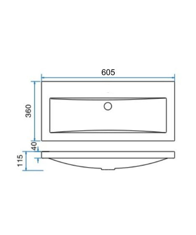 Wiesbaden Flag wastafel zonder kraangat 60 x 36 cm glans wit - technische tekening | Schwertz & Co