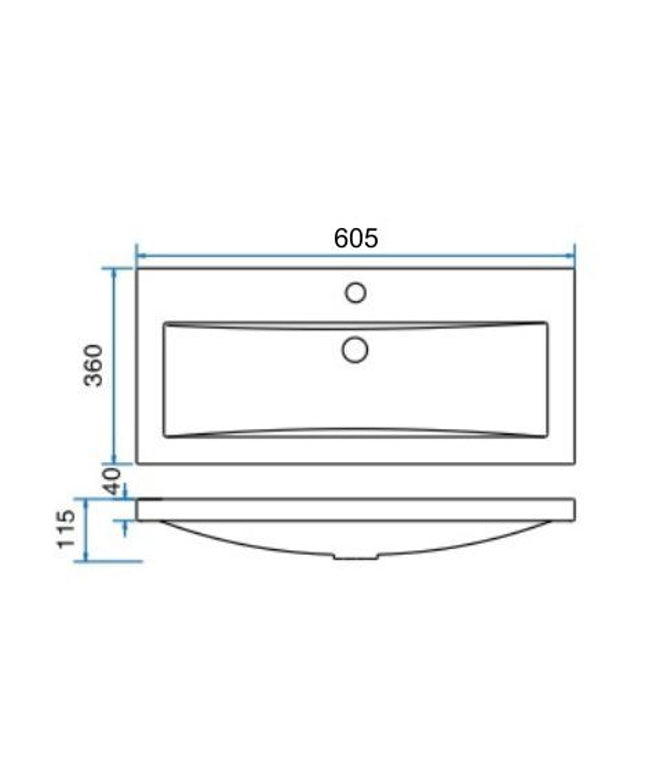 Wiesbaden Flag wastafel 60 x 36 cm kunstmarmer glans wit - technische tekening | Schwertz & Co