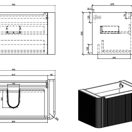 Wiesbaden Sulora onderkast 100 x 48 cm bruin eiken - technische tekening | Schwertz & Co