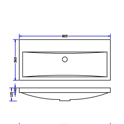 Wiesbaden Flag wastafel 80 cm zonder kraangat glans wit - technische tekening | Schwertz & Co