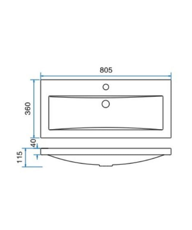 Wiesbaden Flag wastafel 80 x 36 cm kunstmarmer glans wit - technische tekening | Schwertz & Co