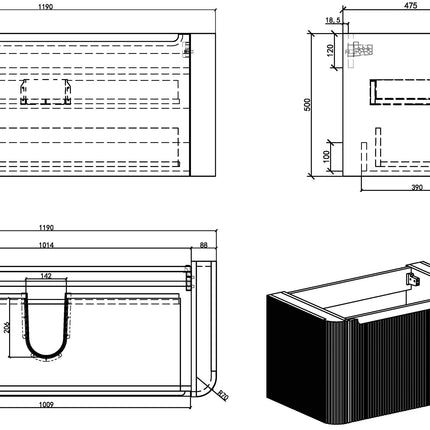 Wiesbaden Sulora onderkast 120 x 48 cm licht eiken - technische tekening | Schwertz & Co