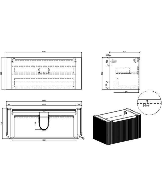 Wiesbaden Sulora onderkast 120 x 48 cm walnoot - technische tekening | Schwertz & Co