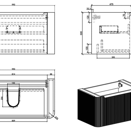 Wiesbaden Sulora onderkast 100 x 48 cm mat zwart - technische tekening | Schwertz & Co