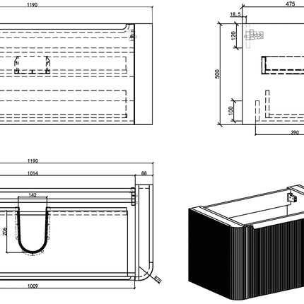Wiesbaden Sulora onderkast 120 x 48 cm mat zwart - technische tekening | Schwertz & Co