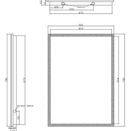 Wiesbaden Quatro LED spiegel 70 x 50 cm met spiegelverwarming - technische tekening | Schwertz & Co