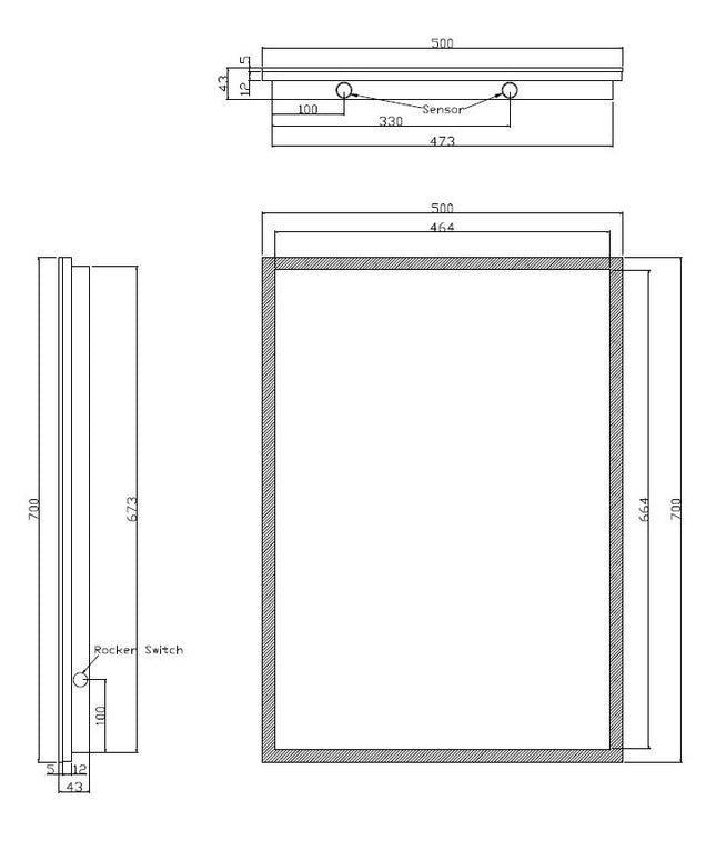 Wiesbaden Quatro LED spiegel 70 x 50 cm met spiegelverwarming - technische tekening | Schwertz & Co