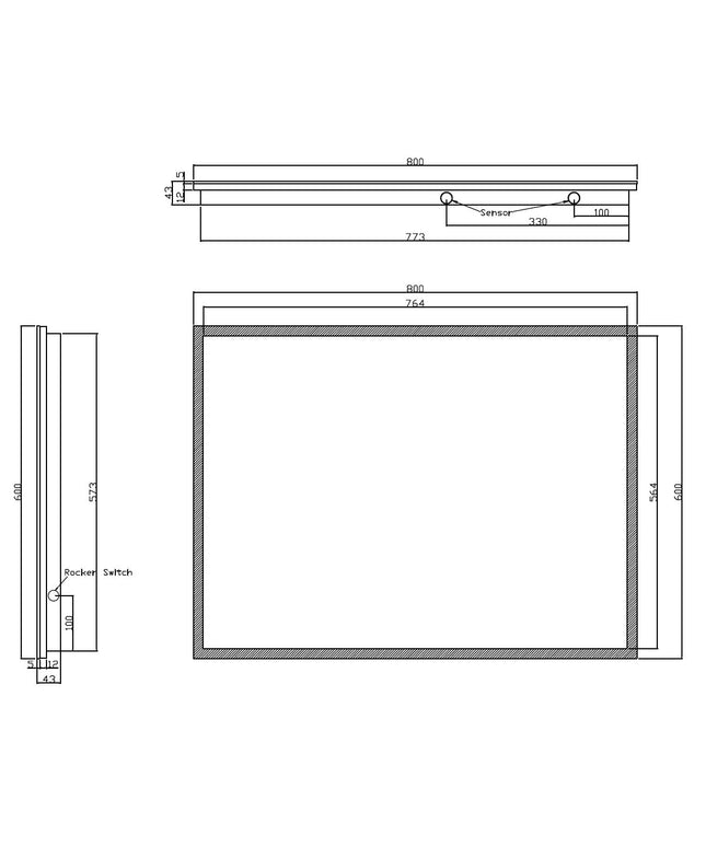 Wiesbaden Quatro badkamerspiegel 80 x 60 cm - technische tekening | Schwertz & Co