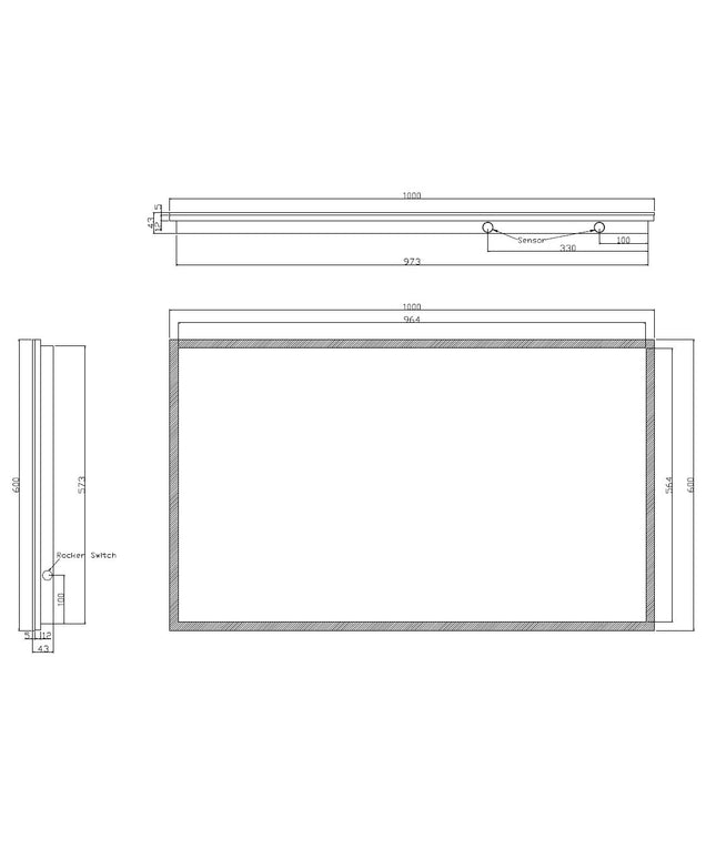 Wiesbaden Quatro LED badkamerspiegel 100 x 60 cm - technische tekening | Schwertz & Co